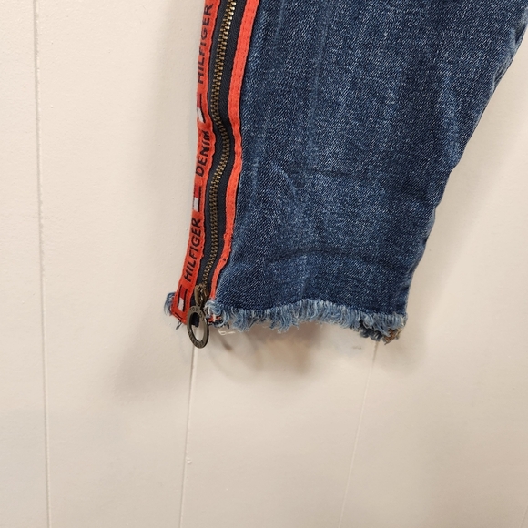 Vintage Y2K Tommy Hilfiger Zipper Jeans High Rise Stretchy Raw Hem Red Logo 34 - Picture 5 of 12